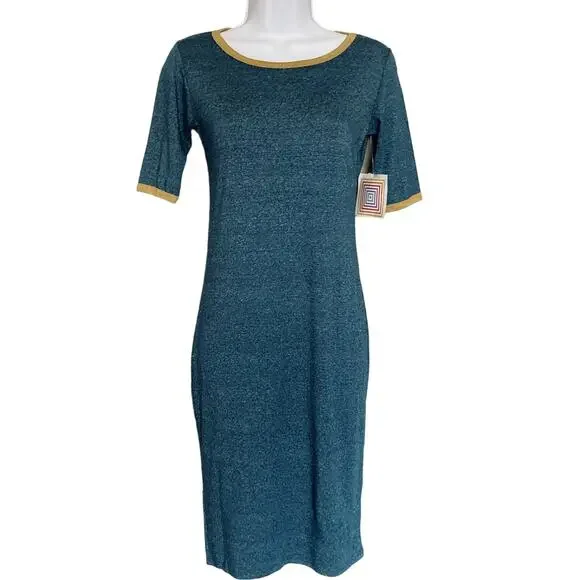 Lularoe Dresses | Nwt Lularoe Julia Dress Raglan Sleeve Bodycon Pencil Color Block Modest Size Xxs | Color: Blue/Gold | Size: Xxs | Closetprivy's